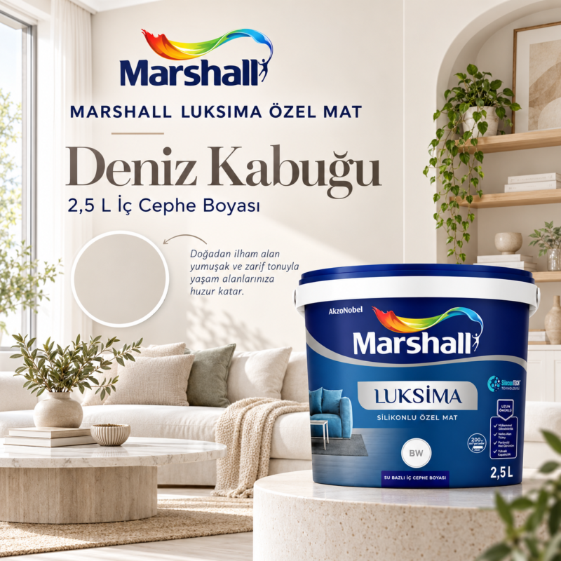 Marshall Luksima Özel Mat – Deniz Kabuğu Marshall Luksima Özel Mat 2,5 L Deniz Kabuğu iç cephe boya renk uygulaması