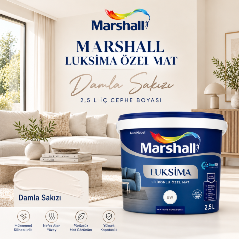 Marshall Luksima Özel Mat – Damla Sakızı Marshall Luksima Özel Mat 2,5 L Damla Sakızı iç cephe boya renk uygulaması