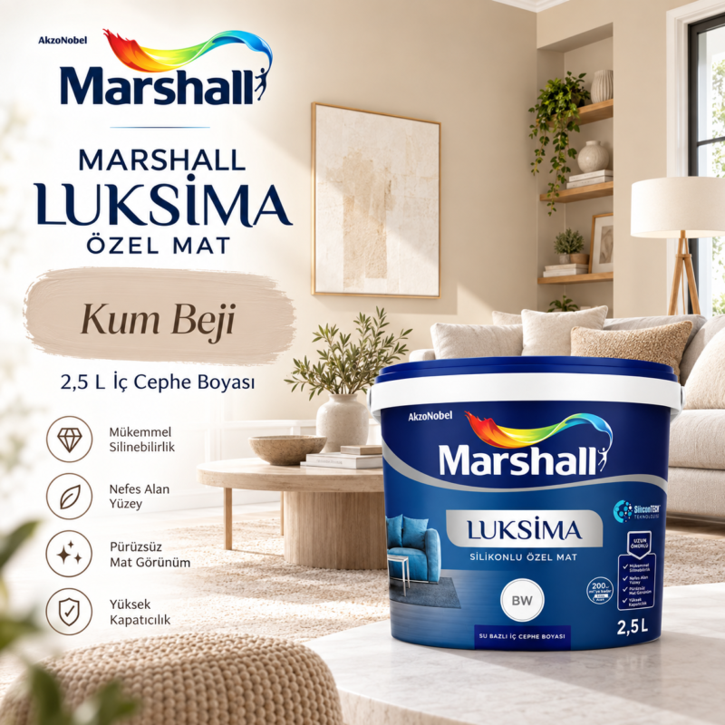 Marshall Luksima Özel Mat – Kum Beji Marshall Luksima Özel Mat 2,5 L Kum Beji iç cephe boya renk uygulaması