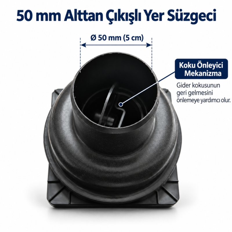 50 mm Alttan Çıkışlı Yer Süzgeci (2) Enki 50 mm alttan çıkışlı yer süzgeci koku önleyici iç mekanizma