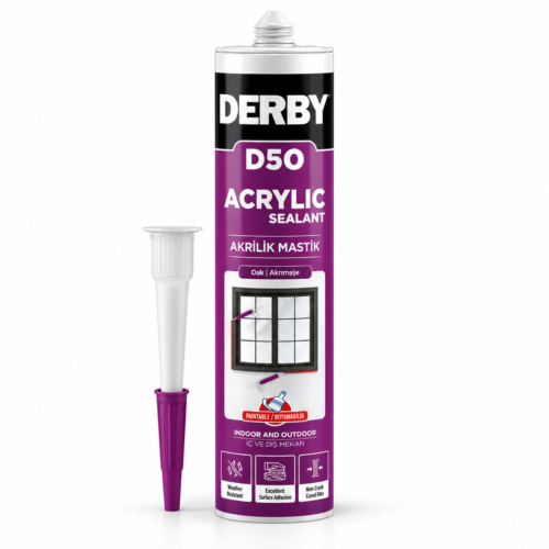 Derby D50 akrilik montaj mastiği 500 g, boyanabilir, iç ve dış mekân ahşap renkli mastik kartuşu ve nozulu