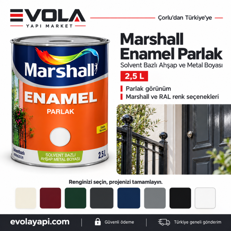 Evola kurumsal tasarımıyla, ahşap ve metal kullanımını ve Marshall/RAL renk seçeneklerini öne çıkardım.
