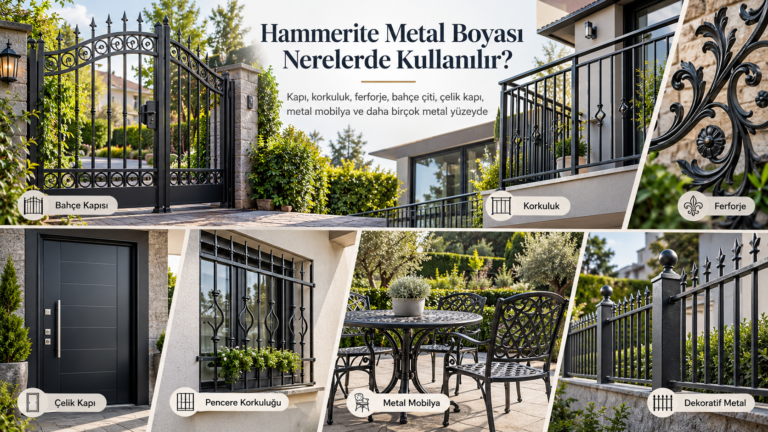 Hammerite metal boyasının kullanım alanları: bahçe kapısı, korkuluk, ferforje, çelik kapı, pencere korkuluğu, metal mobilya ve dekoratif metal yüzeyler