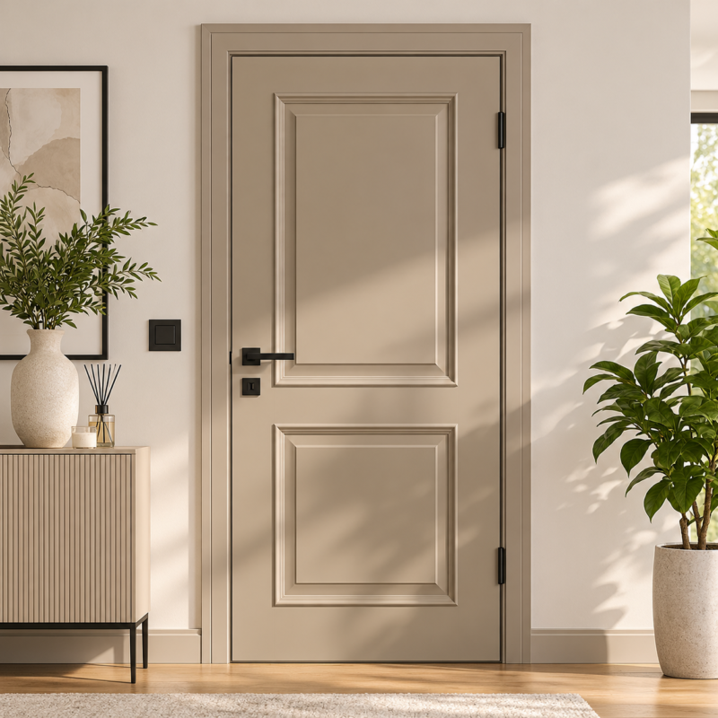 Marshall panel kapı boyası renk fikirleri – sıcak grej tonlu modern koridor