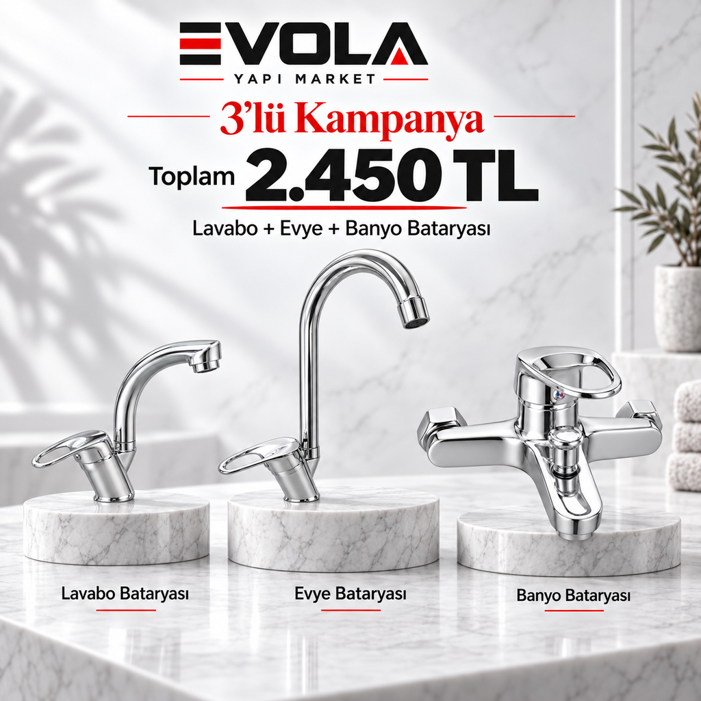 Lavabo + Evye + Banyo Bataryası toplam 2.450 TL. Çorlu Evola Yapı Market’te avantajlı 3’lü batarya kampanyası. Mağazamıza gelerek ürünleri inceleyebilir veya WhatsApp’tan bilgi alabilirsiniz.