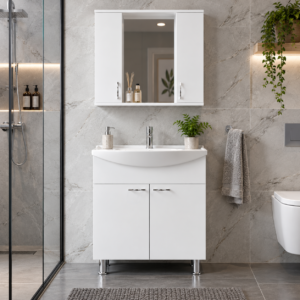 Ekstra 80 cm banyo dolabı takımı Evola Yapı Çorlu BANYODA GÖRÜNÜMÜ Ekstra 80 cm Banyo Dolabı Takımı – Klasik Tasarım