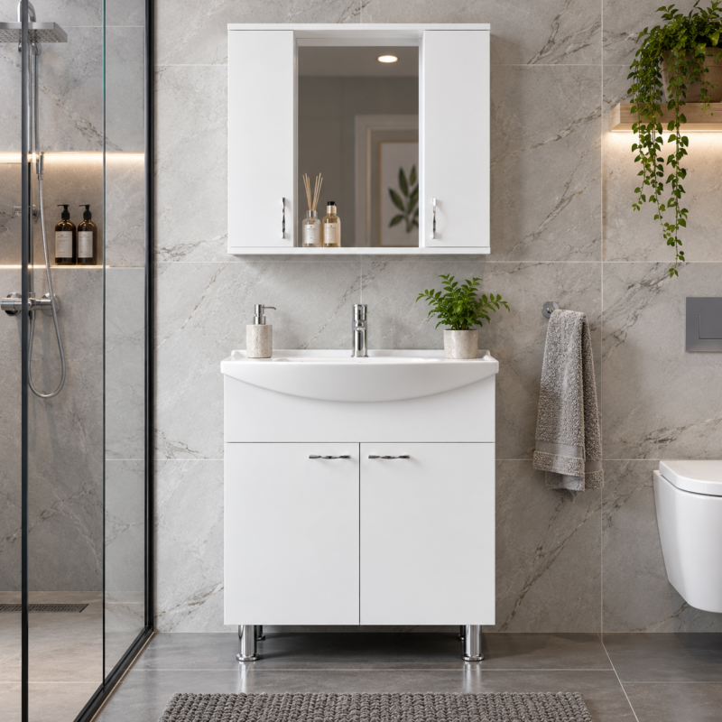 Ekstra 80 cm banyo dolabı takımı Evola Yapı Çorlu BANYODA GÖRÜNÜMÜ Ekstra 80 cm Banyo Dolabı Takımı – Klasik Tasarım