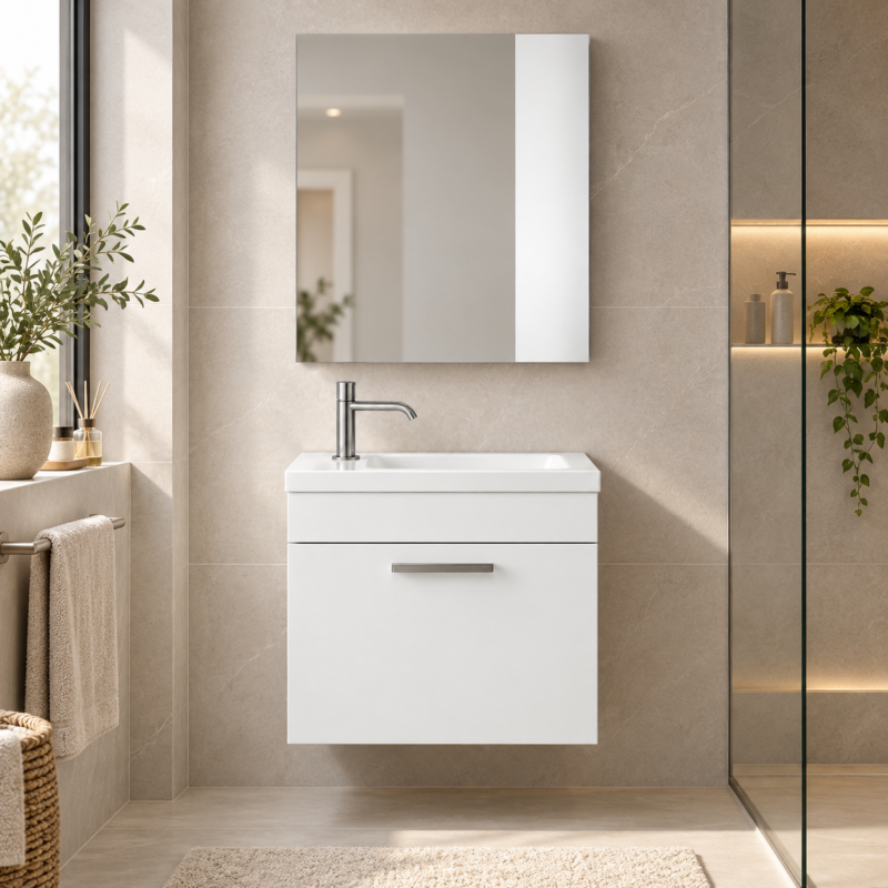 Tera 45 cm beyaz banyo dolabı takımı BANYODA GÖRÜNÜM