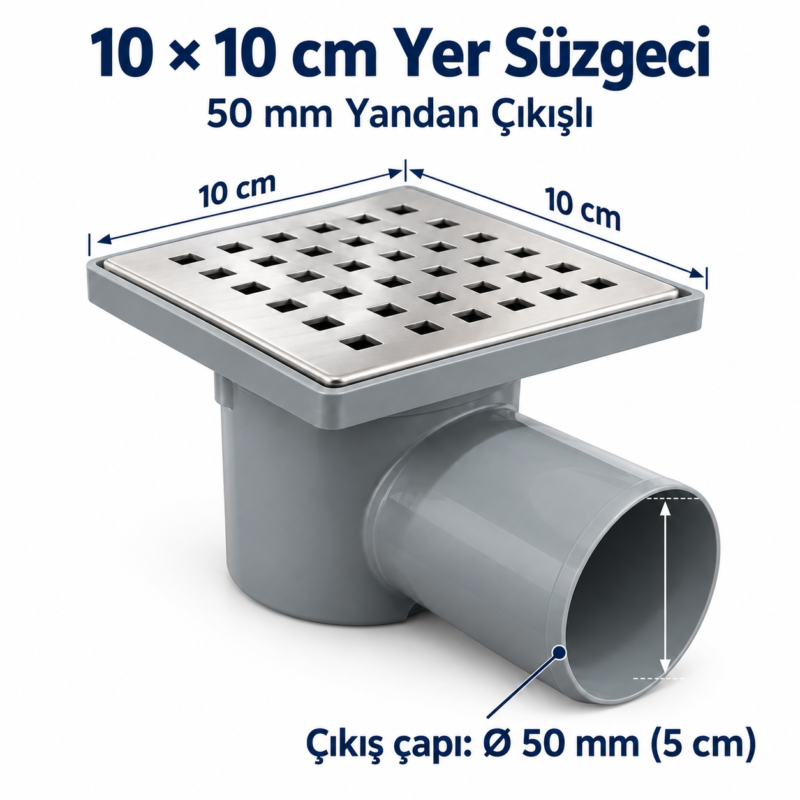10x10 cm, 50 mm yandan çıkışlı yer süzgeci