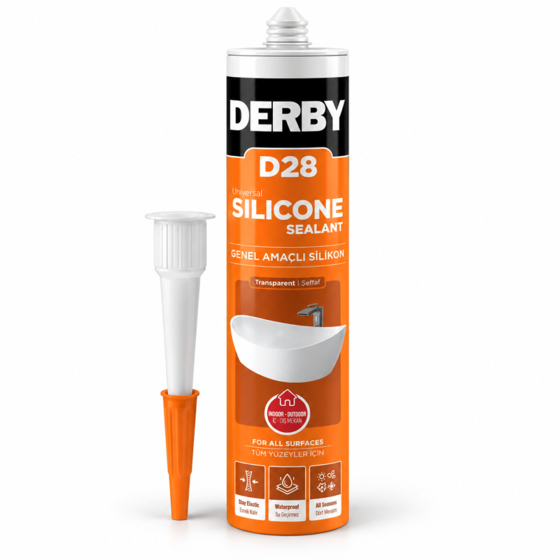 Derby D28 genel amaçlı silikon 280 g şeffaf ve beyaz silikon kartuş ve nozul seti