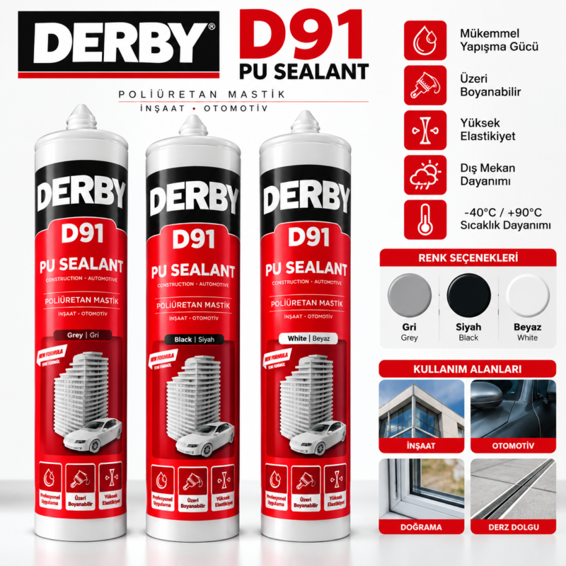 Derby D91 PU Sealant poliüretan mastik gri, siyah ve beyaz renk seçenekleri, özellikleri ve kullanım alanları