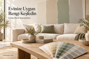 Evola Renk Danışmanı ile salon için bej, yeşil ve gri duvar boyası renk seçimi.