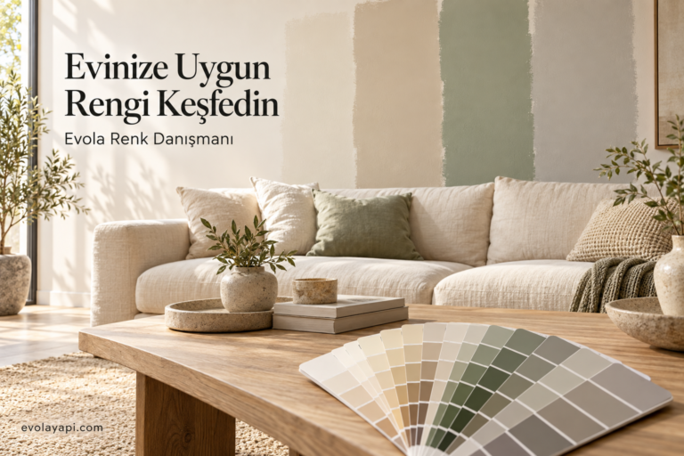Evola Renk Danışmanı ile salon için bej, yeşil ve gri duvar boyası renk seçimi.