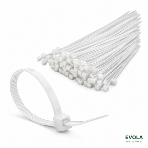 Evola Beyaz Plastik Kablo Bağı Cırt Kelepçe Beyaz plastik kablo bağları ve halka şeklinde kapatılmış cırt kelepçe – Evola Yapı Market
