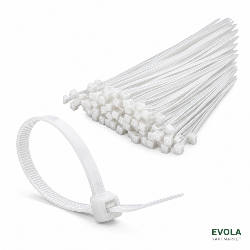 Evola Beyaz Plastik Kablo Bağı Cırt Kelepçe Beyaz plastik kablo bağları ve halka şeklinde kapatılmış cırt kelepçe – Evola Yapı Market