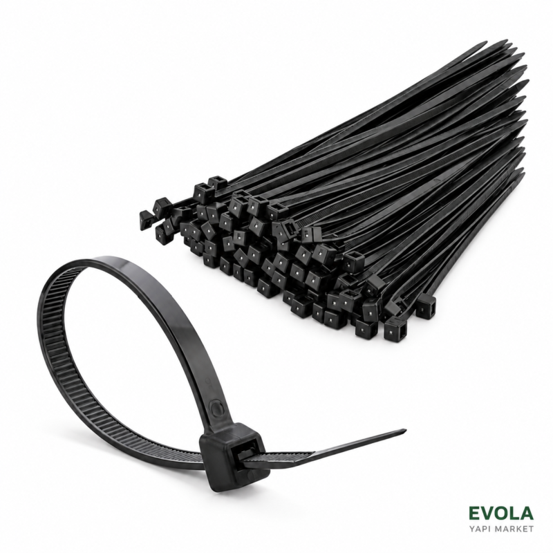 Siyah plastik kablo bağları ve halka şeklinde kapatılmış cırt kelepçe – Evola Yapı Market