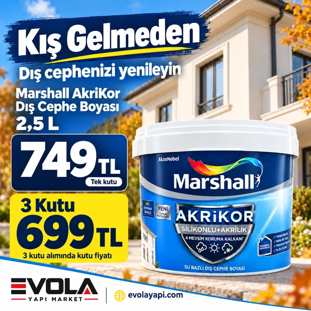 Kış Gelmeden kampanyası: Marshall AkriKor Dış Cephe Boyası 2,5 L tek kutu 749 TL, 3 kutu 699 TL