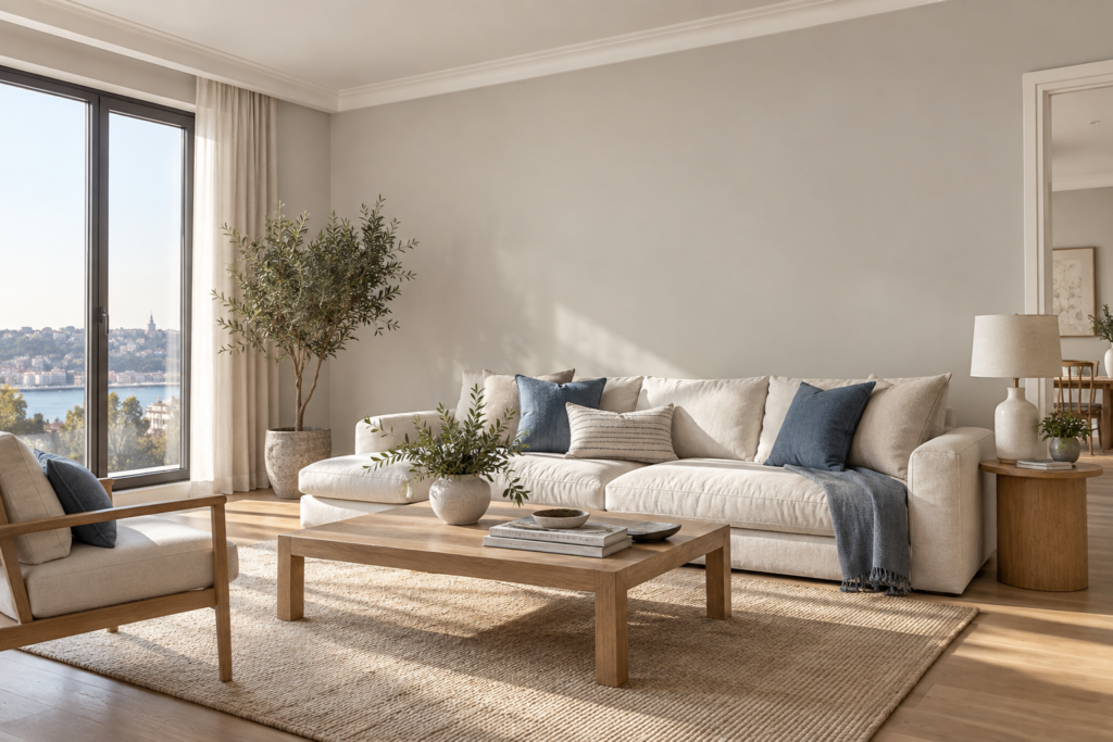 Sheer Grey 12077 için temsili sıcak gri salon dekorasyonu