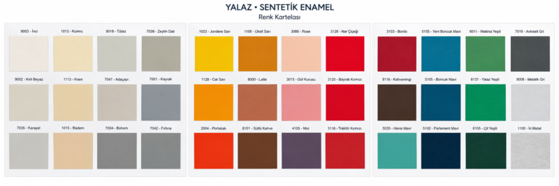 Yalaz sentetik enamel yağlı boya renk isimleri ve kodları