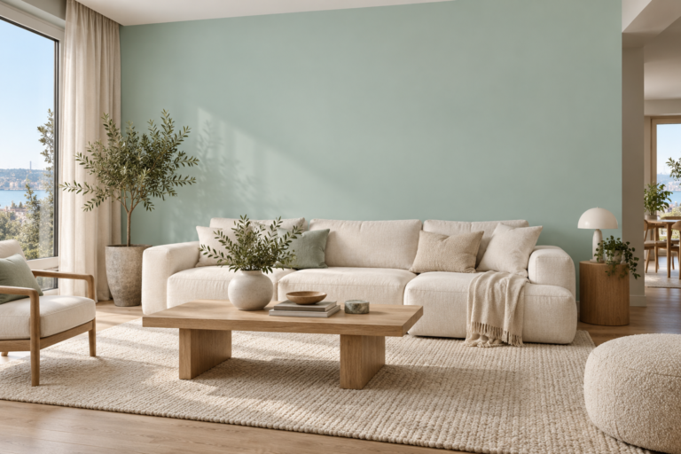 Exhale 7637 mavi-yeşil duvar rengiyle temsili modern salon dekorasyonu